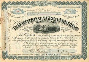International and Great Northern signed by Jay Gould - Stock Certificate